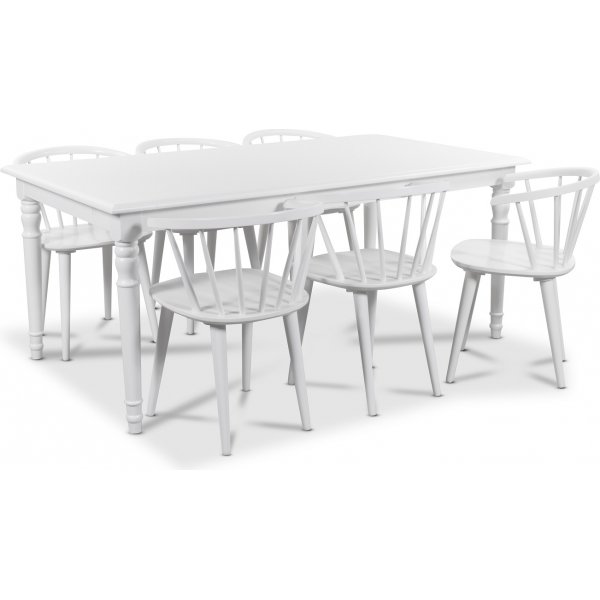 Nomi spisegruppe 180 cm bord med 6 stk hvide Fredrik Pindestole med ramme + Pletfjerner til mbler