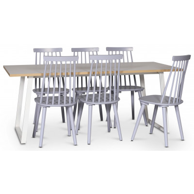 Edge spisegruppe; Spisebord i hvid HPL 190x90 cm med 6 gr Dalsland stokstole