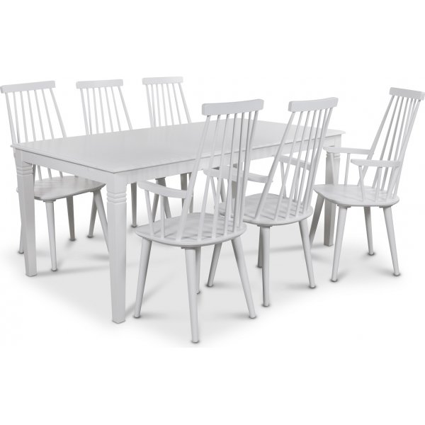 Mellby spisegruppe 180 cm bord med 6 hvide Dalsland Cane stole med armln