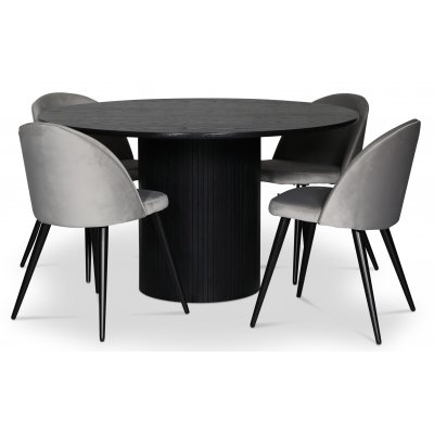 Nova spisebordsst; rundt spisebord 130 cm, sortbejdset eg + 4 Alice spisebordsstole, Gr fljl