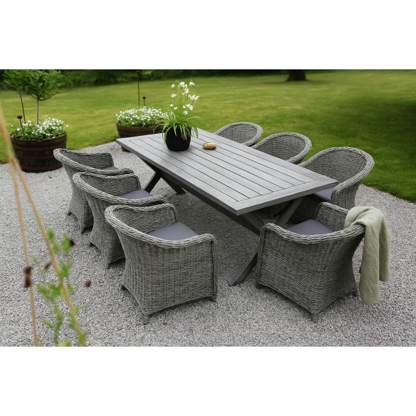 Oxford udendrs spisegruppe; grt bord 220 cm inkl. 6 Mercury lnestole gr syntetisk rattan