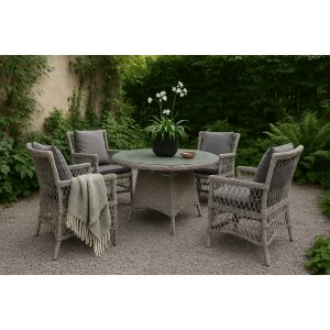 Udendørsgruppe; 4 stole og spisebord Ø110 cm grå/rattan - Jacksonville/Provence Udendørsgruppe; 4 stole og spisebord Ø110 cm grå/rattan - Jacksonville/Provence
