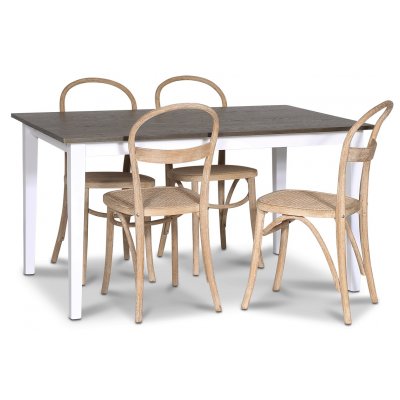 Skagen spisebordssæt; spisebord 140 cm - Hvid/brunbejdset eg med 4 stk. Danderyd No.16 spisebordsstole Whitewash