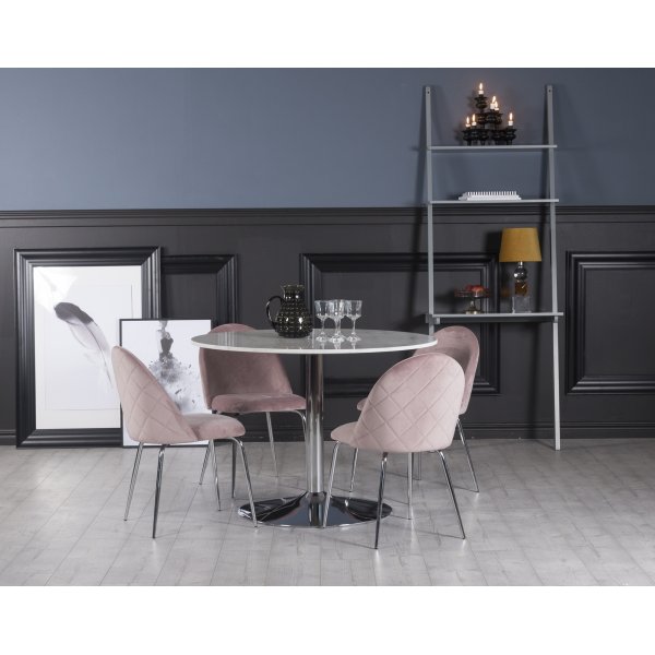 Plaza spisegruppe, marmorbord med 4 Plaza fljlsstole - Lyserd / Hvid / Krom